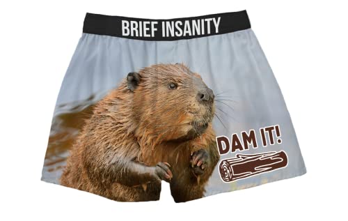 BRIEF INSANITY Comfortable Loose Fit Boxer Shorts | Funny Beaver Theme Design Boxers for Men & Women (Dam It/Log Jam, Small)
