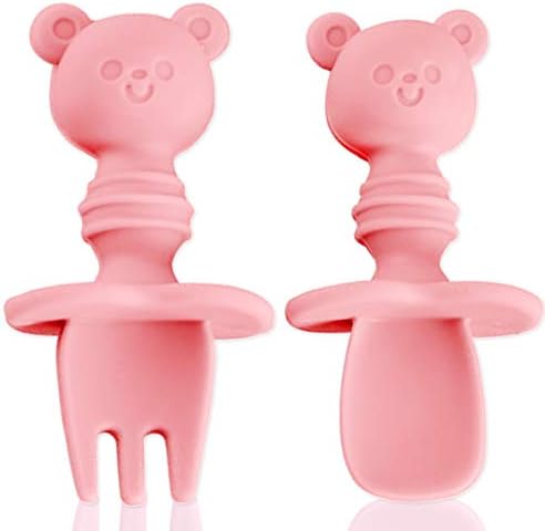 Baby Fork and Spoon Set, Silicone Self Feeding Utensil Easy Grip Toddler Cutlery Kit with Carry Case BPA-Free Anti-Choke for Infant Toddler Children First Led Training Weaning, 6-12 Month (Pink)