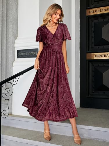 Image of Simplee Women's V Neck Velvet Maxi Dress Short Sleeve Empire Waist Long Formal Dress for Wedding Guest