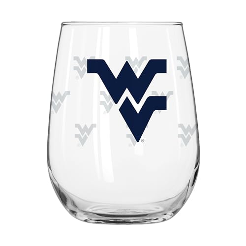 Logo Brands NCAA West Virginia Mountaineers 16oz Satin Etch Curved Beverage Glass - Durable Chip Resistant Rim, Comfortable Grip, Dishwasher Safe Drinkware