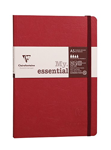 Clairefontaine 793462C Collection Age Bag One Stitched My.Essential Stitched Elastic Notebook Red - A5 14,8x21 cm - 192 Numbered Lined Pages - 90 g Ivory Paper - Grain Leather Glossy Hardcover