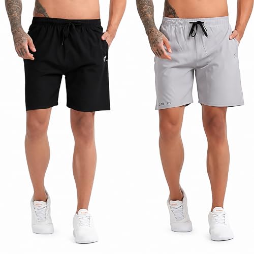 Image of BLUE STAR SHARK Athletic Sports Shorts for Men with Zip Pockets and Elastic Waistband Quick Dry Lightweight Activewear Combo - Pack of 2