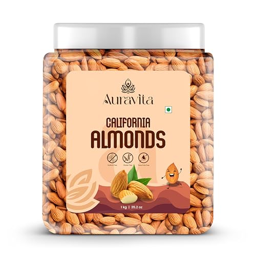 Image of Auravita California Almonds 1kg | Crunchy & Healthy Dry Fruit, Premium Badam Giti for Daily Nutrition | Healthy Diet Snacking Resealable Jar Pack