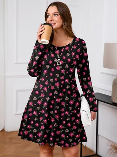 Image of AusLook Women's Plus Midi Dress Long Sleeve Crew Neck A-Line Swing Flowy Vacation Fall Wedding Guest Dresses with Pocket 1-5X