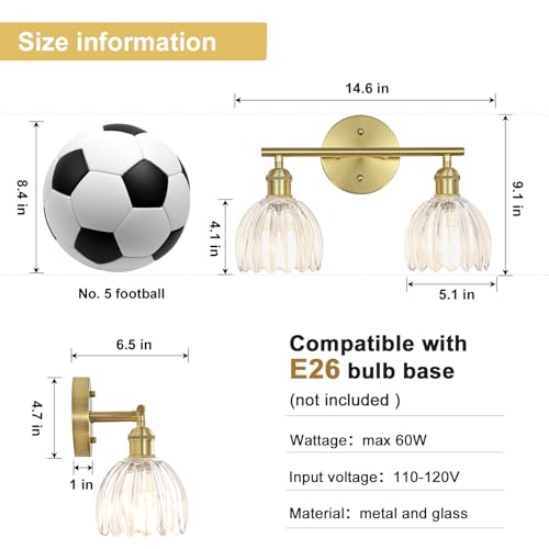 Image of Vintage Bathroom Light fixtures, Gold Vanity Lights, ETL Certified