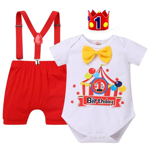 IBTOM CASTLE Circus Carnival First Birthday Outfit Boy Clown Short Sleeve Cotton Romper Bodysuit Shorts Crown Headband Photo Shoot Cake Smash Baptism Baby Boy Clothes Set Red 12-18 Months