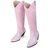 MISSMILLER Women’s Rhinestone Cowboy Boots Wide Calf Western Cowgirl High Knee Boots Pointed Toe Tall Boots for Ladies