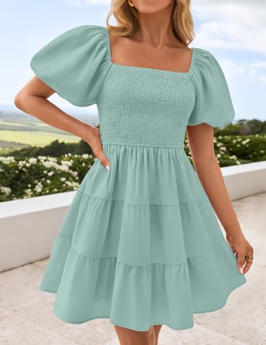 Image of ZESICA Women's Boho 2026 Summer Square Neck Puff Sleeve Off Shoulder Smocked Tiered Casual A Line Short Mini Dress