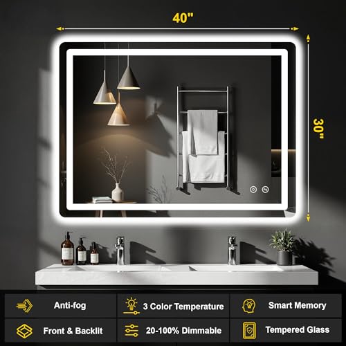 Image of LED Bathroom Mirror with Lights, 30 inchx40 inch Lighted Vanity Mirror for Wall