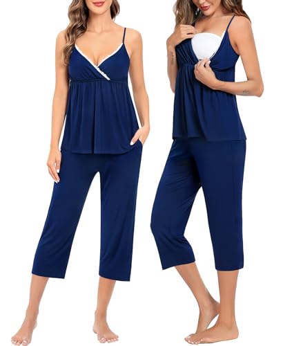 Image of SWOMOG Maternity Nursing Robe Set 3 PCS Breastfeeding Pajamas Set 3 in 1 Labor Delivery Pregnancy Pjs Capri Pants