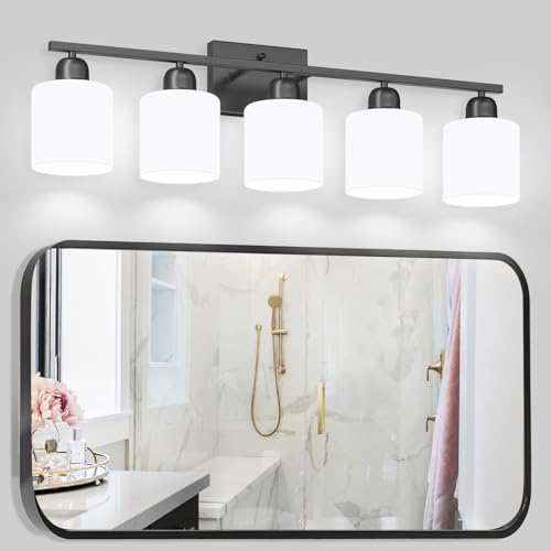 Image of 5-Light Black Bathroom Vanity Light, Black Vanity Light with Milky White Frosted Glass Shades, Modern Vanity Light Fixture for Bathroom Mirror, Bedroom, Living Room, Hallway, Vanity Table, E26 Base