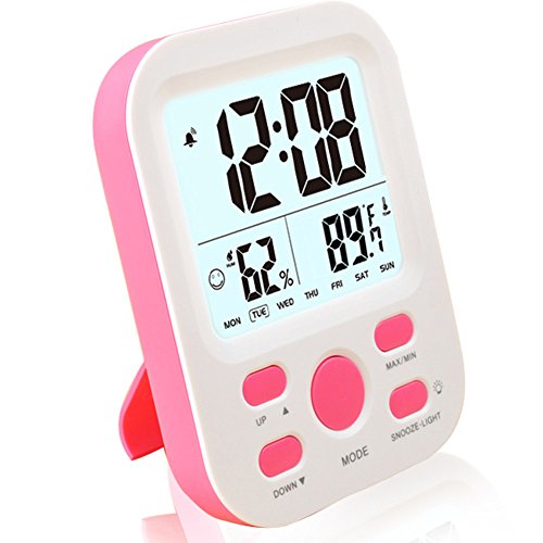 FAMICOZY Digital Alarm Clock for Girls Kids Teens,Desk Nightstand Clock with Crescendo Alarm,Repeating Snooze,Week 12/24h,Low Nightlight,Temperature Humidity,Stand or Wall Mount,Hot Pink