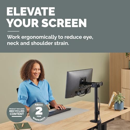 Image of Fellowes Everyday Adjustable Single Monitor Arm - Supports Screens up to 32 inch Weighing 19.84 lbs, Tilt, Swivel, Rotate, VESA 75 /100, Clamp or Grommet Mount, Cable Management