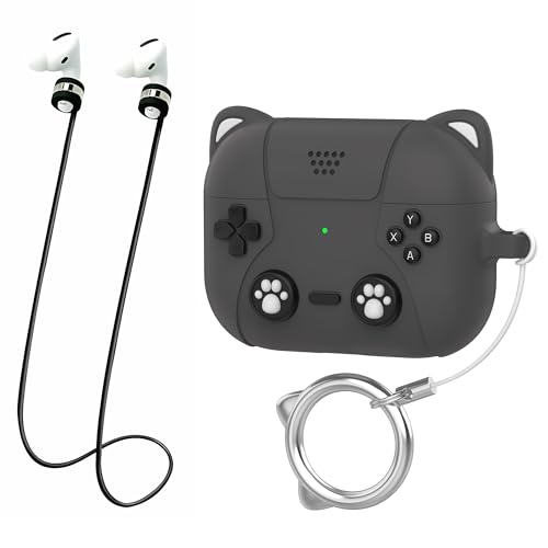 Protective Case for AirPods Pro 3 & AirPods 4 Case Silicone Cover, with Strong Magnetic Strap Anti-Lost Cord Sports Lanyard (Black-Cat, Airpods Pro 3)