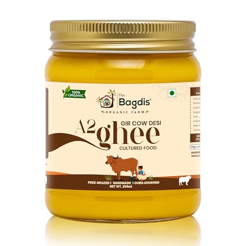 Image of The Bagdis Organic A2 Gir Cow Cultured Ghee - 200 ml | Hand-Churned Cultured Bilona Ghee | Grass-Fed, 100% Pure & Natural, High Smoke Point, | Glyphosate Free