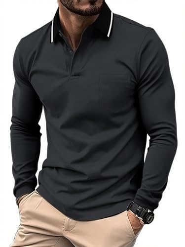 Image of JACKETOWN Mens Polo Shirts Long Sleeve Breathable Work Polo Shirts Adult Casual Button Down Golf Tennis T Shirt,Dark Grey,M