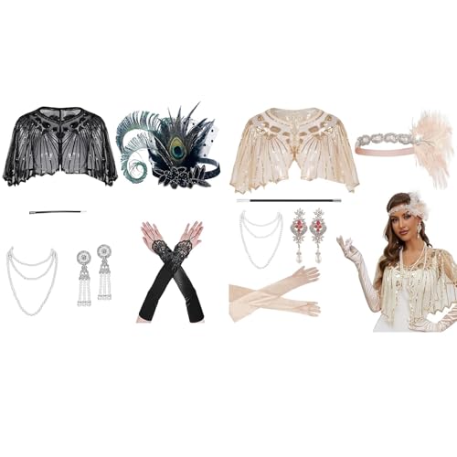 Helltaker 6 Pcs 1920s Accessories Set Womens Feather Headband Pearl Necklace Earrings Gloves Fringed Evening Cape Scarf
