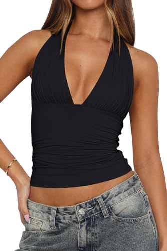 LCNBA Women's Sexy Backless Tie Up Halter Crop Top Deep V Neck Going Out Tops Black XSmall
