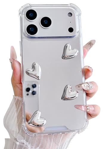 Coque miroir iPhone 17 Pro Max antichoc en silicone transparent avec cœur argenté