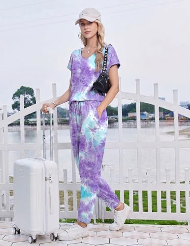 Image of Ekouaer Pajamas for Women Set Short Sleeve Lounge Set Jogger Pants Pjs Soft Sleepwear with Pockets S-XXL