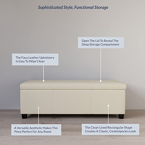 Image of BELLEZE Storage Faux Leather Ottoman, 47 Inch Bench Bedroom Bench with Safety Close Hinge, Extra Long Ottoman with Storage for Living Room, Entryway, Foot Rest, Support 300lbs - Cream