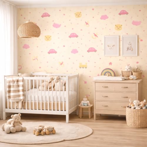 Image of Pink Baby Cartoon Theme Peel & Stick Wallpaper | Self Adhesive Nursery Wall Decor | Cute Kids Room Wallpaper 16 x 144 Inch