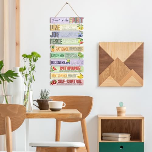 Image of HPNIUB Scripture Fruits Spirit Wall Decor, Bible Verse Funny Kitchen Wooden Sign, Colorful Religious Inspirational Quote Wall Hanging Plaque for Classroom Sunday School Church Dining Room Decoration