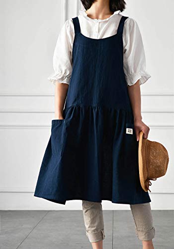Losofar Women Girls Vintage Cute Apron Gardening Works Cross Back Cotton/Linen Blend Aprons Pinafore Dress With Two Pockets (Darkblue, (32" X 30")) #TOP4