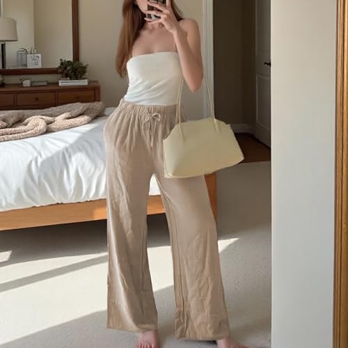 Ainangua Women Linen Palazzo Pants Casual Elasticated Drawstring Waist Wide Leg Trousers Trendy Beach Travel Outfits(Khaki,L)4