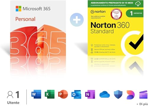 Microsoft 365 Personal │ 12 meses │ 1 persona │ Apps Office con IA + Norton 360 Standard│1 Dispositivo│15 mesi│Abbonamento con rinnovo automatico