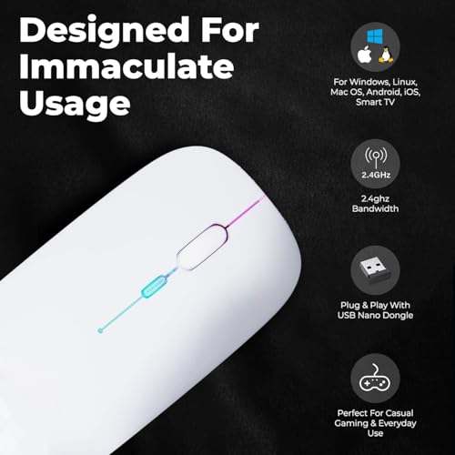 Image of Electro Wolf Stone Rechargeable Wireless Mouse with RGB LED Backlit Silent Click (White Color) 1600 DPI Ergonomic Mouse for Laptop pc Computer Gaming & Work (Stone White)