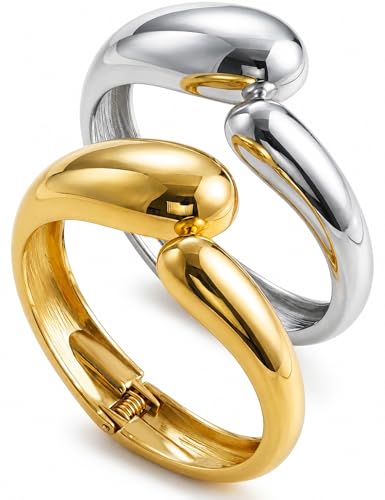 Image of Chunky Gold Bangle Bracelets for Women, Dainty 14k Gold Plated Big Stackable Bangles Set, Trendy Statement Cuff Bracelet Stack Fashion Jewelry Gifts