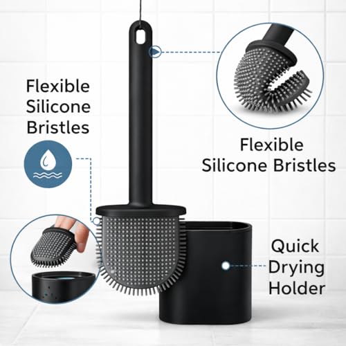 Image of Silicone Toilet Cleaning Brush Bathroom Cleaning Accessories Toilet Brush with Holder Stand Commode Cleaning Brush Closet Cleaning Brush Pot Cleaner Brush