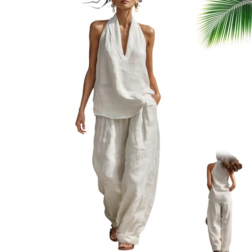 Women's White Faux Linen V-Neck Sleeveless Halter Top and Wide-Leg Pants Set Summer Linen Matching Lounge Set With Pockets (White,M)