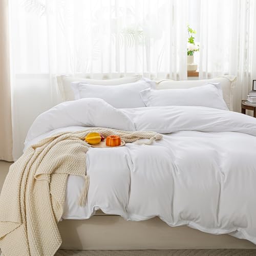 Image of SheRest White Duvet Cover Queen Size - Soft Brushed Microfiber, 3 Pieces, 1 Duvet Cover 90x90 Inches with Zipper Closure 8 Ties & 2 Pillow Shams, Breathable Bedding Set for All Season (No Comforter)