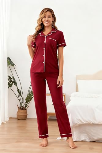 Image of 100% Cotton Pajama Sets for Women 2 Piece Long Sleeve Button Down Pjs Soft Comfy Ladies Sleepwear Lounge Sets S-XL