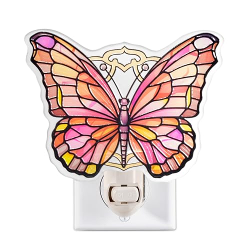 Image of Pink Butterfly Night Light - Stained Glass Styled Plug-in Wall Light for Vertical Outlets - Real Glass, Warm Glow for Bedroom, Bathroom, Hallway - Gift for Butterfly Lovers