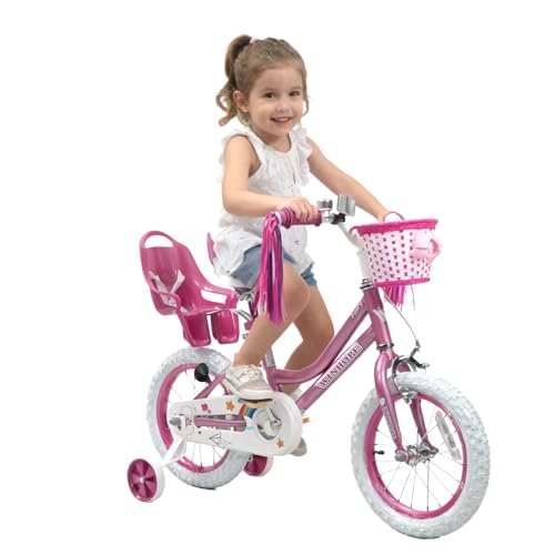 Image of WinHope Girls Bike, 12-18 Inch Children's Bicycle for 2-9 Years Old, Beginner Kids Bike with Training Wheels, Doll Seat & Basket,Streamers for Outdoor Riding, Multiple Colors