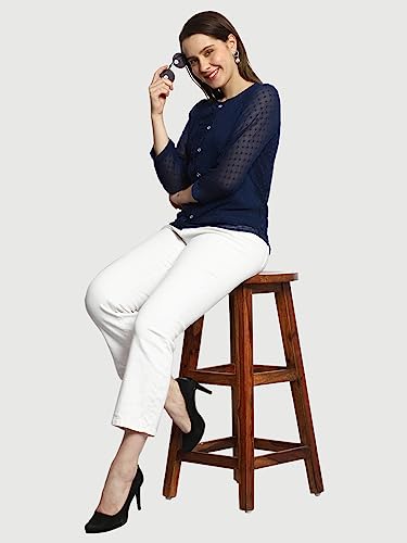 Image of PRETTIFY Women's Regular Fit Solid Embroidery Georgette Waist Length, 3 /4 Sheer Sleeve, Round Neck Casual Wear Western Shirt Top for College /Office Girls