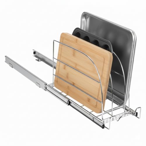 HOLDN’ STORAGE Pull Out Organizer for Bakeware, Cutting Board and Trays, Adjustable Dividers - Heavy Duty, Lifetime Limited Warranty - For Narrow Cabinet Spaces, 8.5”W x 21”D x 11”H, Chrome