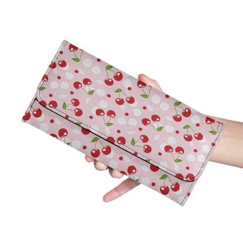 Image of AFPANQZ Womens Wallets, Leather Trifold Multi Card Holder Slots Wallet, Cherry Red Elegant Clutch Phone Holder Zip Inner Pocket Multi-Cards Slots Large Travel Wallet