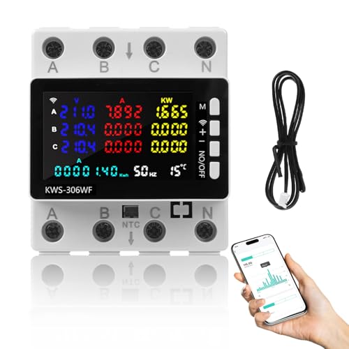 3 Phase WiFi Smart Meter, 80A Smart Meter Energy Monitor, Power Usage Monitor with Protection Against Power Failure/Overtemperature/Under Voltage/Overcurrent