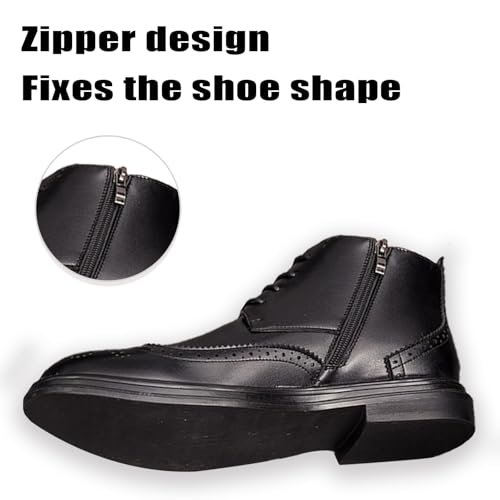 Men's Genuine Leather Wingtip Brogue Ankle Boots with Side Zip,Comfortable Non-Slip Sole Dress Oxford Business Casual Boots with lace up Retro High-Top Work Boots for Office Formal Wear4