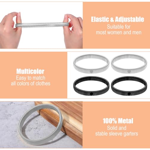 Sibba 4 Stück Ärmelhalter, Armband Halter Rutschfeste Hemdhalter, Elastisch Sleeve Holders für Damen Herren Fixiert Ärmel, Stilvoll und Praktisch, Schwarz Silber
