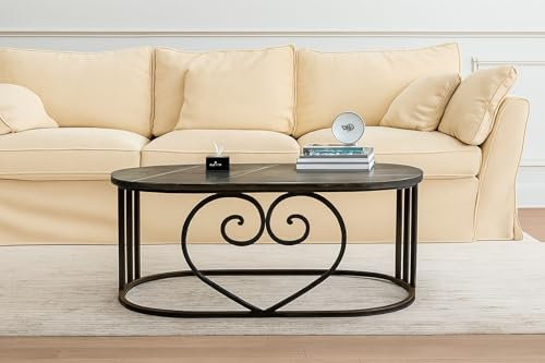 Image of Oval Accent Metal Centre Table with Marble Look Coffee Tables with Engineered Wood Top and Metal Frame, Contemporary Table for Office, Bedroom, or Living Room Full Black