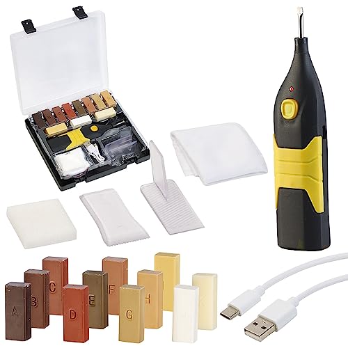 AGT Barra de cera dura: kit de reparación para parqué, laminado y madera con derretidor de cera a batería, USB (reparación de parquet, reparación de madera, cera)