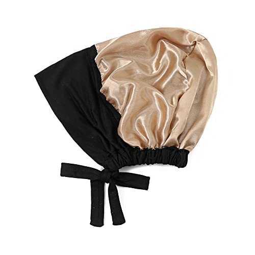 Hophor Double Layer Modal Satin Hijab Cap Islam Undercaps with Tie Bonnet Instant Hijabs for Women Scarves Muslim Turban Bandana(Black2+Beige2)