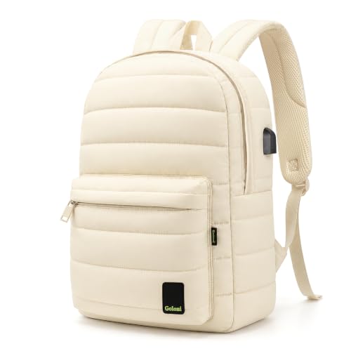 Goloni Backpack for Women 15.6 Inch Laptop Backpack with USB Charging Port Waterproof Puffy Travel Backpack for Women Quilted Casual Daypack for Work/Gym/College White
