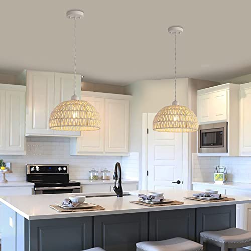 MEIXISUE Hand-Woven Rattan Wicker Boho Pendant Light,Minimalist Transitional LED Pendant Hanging Light Fixture for Kitchen Island Dining Room Restaurant Craft Room,Bulb Included W11.81 UL Listed - Image 3