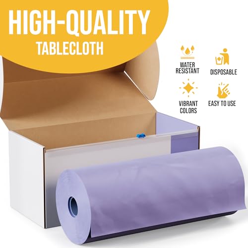 Image of Party Solids Lavender Plastic Table Cover Roll, 54 inch x 300 Ft Heavy Duty Disposable Tablecloth Roll with Slide Cutter, Cuts Up to 36 Rectangle 8 Ft Lilac Table Cloths for Party, Wedding, Banquet